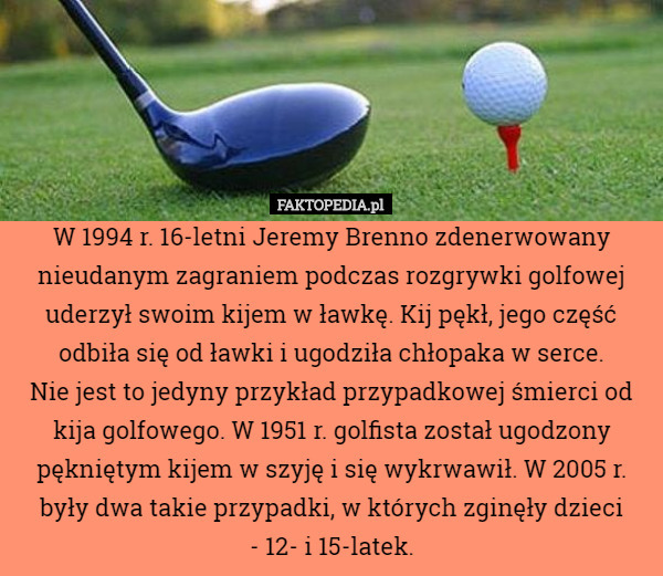 W 1994 r. 16-letni Jeremy Brenno zdenerwowany nieudanym zagraniem podczas rozgrywki golfowej uderzył swoim kijem w ławkę. Kij pękł, jego część odbiła się od ławki i ugodziła chłopaka w serce.
Nie jest to jedyny przykład przypadkowej śmierci od kija golfowego. W 1951 r. golfista został ugodzony pękniętym kijem w szyję i się wykrwawił. W 2005 r. były dwa takie przypadki, w których zginęły dzieci
- 12- i 15-latek. 
