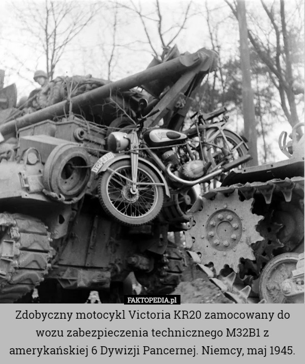 Zdobyczny motocykl Victoria KR20 zamocowany do wozu zabezpieczenia technicznego M32B1 z amerykańskiej 6 Dywizji Pancernej. Niemcy, maj 1945. 
