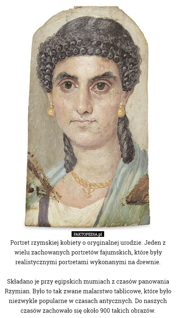Portret rzymskiej kobiety o oryginalnej urodzie. Jeden z wielu zachowanych portretów fajumskich, które były realistycznymi portretami wykonanymi na drewnie.

 Składano je przy egipskich mumiach z czasów panowania Rzymian. Było to tak zwane malarstwo tablicowe, które było niezwykle popularne w czasach antycznych. Do naszych czasów zachowało się około 900 takich obrazów. 