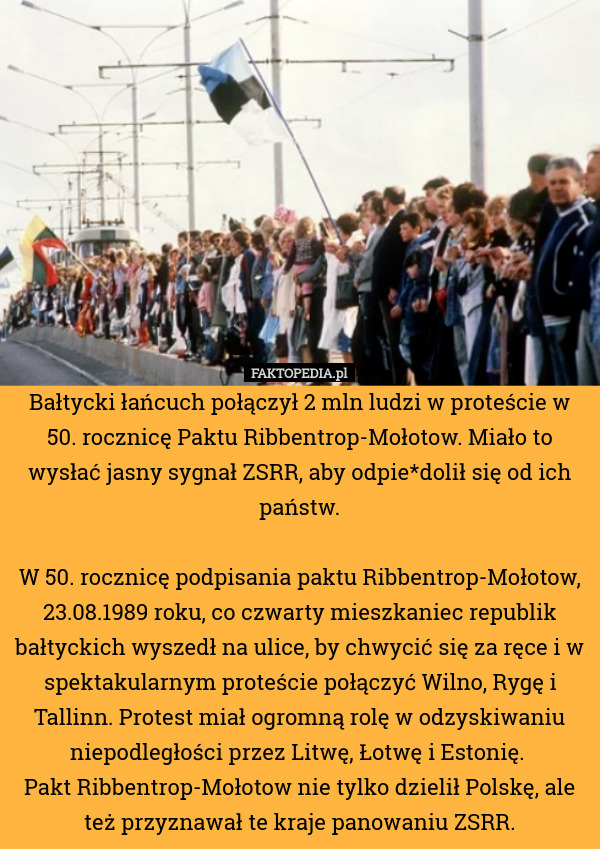 Bałtycki łańcuch połączył 2 mln ludzi w proteście w 50. rocznicę Paktu Ribbentrop-Mołotow. Miało to wysłać jasny sygnał ZSRR, aby odpie*dolił się od ich państw.

W 50. rocznicę podpisania paktu Ribbentrop-Mołotow, 23.08.1989 roku, co czwarty mieszkaniec republik bałtyckich wyszedł na ulice, by chwycić się za ręce i w spektakularnym proteście połączyć Wilno, Rygę i Tallinn. Protest miał ogromną rolę w odzyskiwaniu niepodległości przez Litwę, Łotwę i Estonię. 
Pakt Ribbentrop-Mołotow nie tylko dzielił Polskę, ale też przyznawał te kraje panowaniu ZSRR. 