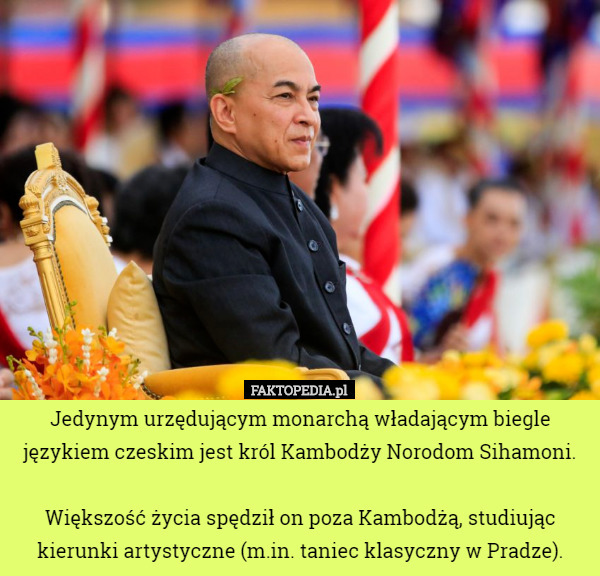 Jedynym urzędującym monarchą władającym biegle językiem czeskim jest król Kambodży Norodom Sihamoni.

Większość życia spędził on poza Kambodżą, studiując kierunki artystyczne (m.in. taniec klasyczny w Pradze). 