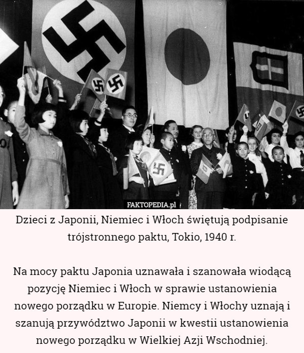 Dzieci z Japonii, Niemiec i Włoch świętują podpisanie trójstronnego paktu, Tokio, 1940 r.

Na mocy paktu Japonia uznawała i szanowała wiodącą pozycję Niemiec i Włoch w sprawie ustanowienia nowego porządku w Europie. Niemcy i Włochy uznają i szanują przywództwo Japonii w kwestii ustanowienia nowego porządku w Wielkiej Azji Wschodniej. 