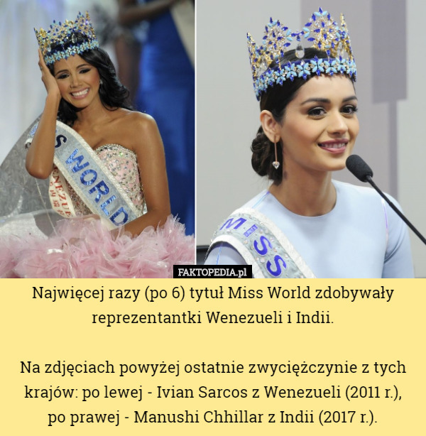 Najwięcej razy (po 6) tytuł Miss World zdobywały reprezentantki Wenezueli i Indii.

Na zdjęciach powyżej ostatnie zwyciężczynie z tych krajów: po lewej - Ivian Sarcos z Wenezueli (2011 r.),
 po prawej - Manushi Chhillar z Indii (2017 r.). 