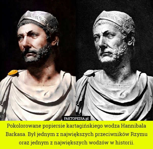 Pokolorowane popiersie kartagińskiego wodza Hannibala Barkasa. Był jednym z największych przeciwników Rzymu oraz jednym z największych wodzów w historii. 