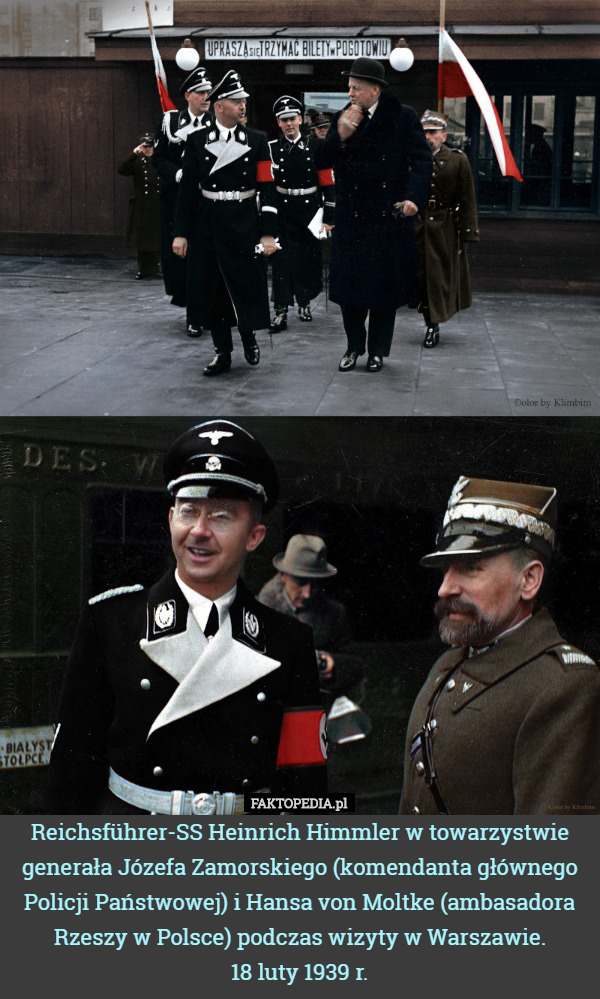Reichsführer-SS Heinrich Himmler w towarzystwie generała Józefa Zamorskiego (komendanta głównego Policji Państwowej) i Hansa von Moltke (ambasadora Rzeszy w Polsce) podczas wizyty w Warszawie.
18 luty 1939 r. 