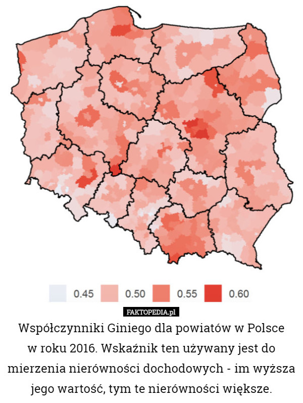 Współczynniki Giniego dla powiatów w Polsce
 w roku 2016. Wskaźnik ten używany jest do mierzenia nierówności dochodowych - im wyższa jego wartość, tym te nierówności większe. 