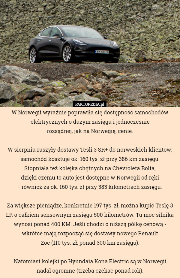W Norwegii wyraźnie poprawiła się dostępność samochodów elektrycznych o dużym zasięgu i jednocześnie
 rozsądnej, jak na Norwegię, cenie.

W sierpniu ruszyły dostawy Tesli 3 SR+ do norweskich klientów; samochód kosztuje ok. 160 tys. zł przy 386 km zasięgu.
 Stopniała też kolejka chętnych na Chevroleta Bolta,
 dzięki czemu to auto jest dostępne w Norwegii od ręki
 - również za ok. 160 tys. zł przy 383 kilometrach zasięgu.

Za większe pieniądze, konkretnie 197 tys. zł, można kupić Teslę 3 LR o całkiem sensownym zasięgu 500 kilometrów. Tu moc silnika wynosi ponad 400 KM. Jeśli chodzi o niższą półkę cenową - wkrótce mają rozpocząć się dostawy nowego Renault
 Zoe (110 tys. zł, ponad 300 km zasięgu).

Natomiast kolejki po Hyundaia Kona Electric są w Norwegii
 nadal ogromne (trzeba czekać ponad rok). 