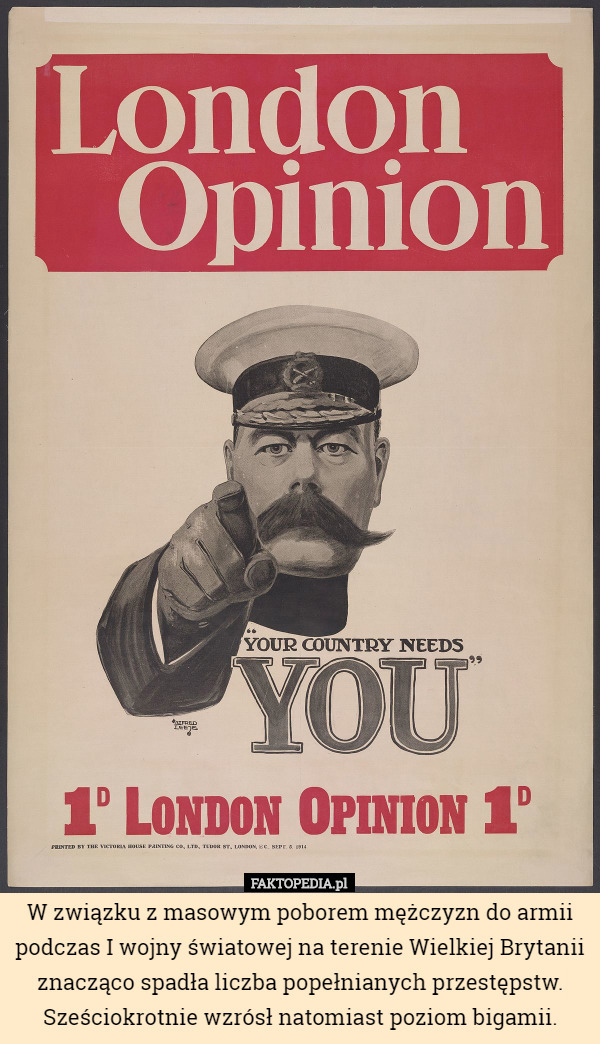 W związku z masowym poborem mężczyzn do armii podczas I wojny światowej na terenie Wielkiej Brytanii znacząco spadła liczba popełnianych przestępstw. Sześciokrotnie wzrósł natomiast poziom bigamii. 