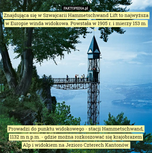 Znajdująca się w Szwajcarii Hammetschwand Lift to najwyższa w Europie winda widokowa. Powstała w 1905 r. i mierzy 153 m.












Prowadzi do punktu widokowego - stacji Hammetschwand, 1132 m n.p.m. - gdzie można rozkoszować się krajobrazem
 Alp i widokiem na Jezioro Czterech Kantonów. 