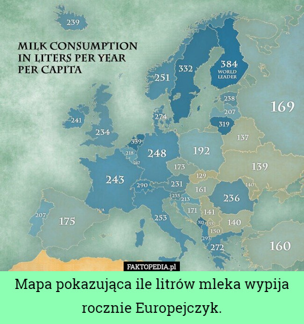 Mapa pokazująca ile litrów mleka wypija
rocznie Europejczyk. 