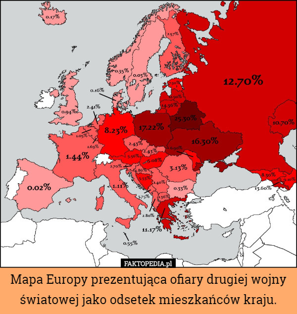 Mapa Europy prezentująca ofiary drugiej wojny światowej jako odsetek mieszkańców kraju. 