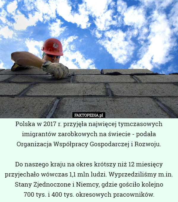 Polska w 2017 r. przyjęła najwięcej tymczasowych imigrantów zarobkowych na świecie - podała Organizacja Współpracy Gospodarczej i Rozwoju.

 Do naszego kraju na okres krótszy niż 12 miesięcy przyjechało wówczas 1,1 mln ludzi. Wyprzedziliśmy m.in. Stany Zjednoczone i Niemcy, gdzie gościło kolejno
 700 tys. i 400 tys. okresowych pracowników. 
