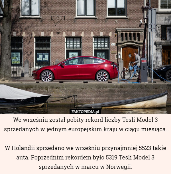 We wrześniu został pobity rekord liczby Tesli Model 3 sprzedanych w jednym europejskim kraju w ciągu miesiąca.

W Holandii sprzedano we wrześniu przynajmniej 5523 takie auta. Poprzednim rekordem było 5319 Tesli Model 3 sprzedanych w marcu w Norwegii. 
