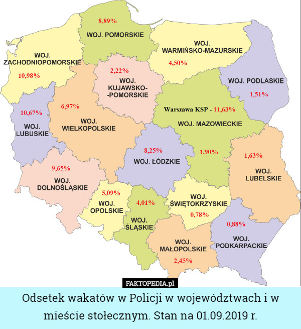 Odsetek wakatów w Policji w województwach i w mieście stołecznym. Stan na 01.09.2019 r. 