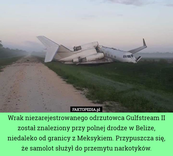 Wrak niezarejestrowanego odrzutowca Gulfstream II został znaleziony przy polnej drodze w Belize, niedaleko od granicy z Meksykiem. Przypuszcza się, że samolot służył do przemytu narkotyków. 