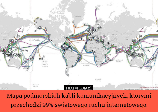 Mapa podmorskich kabli komunikacyjnych, którymi przechodzi 99% światowego ruchu internetowego. 