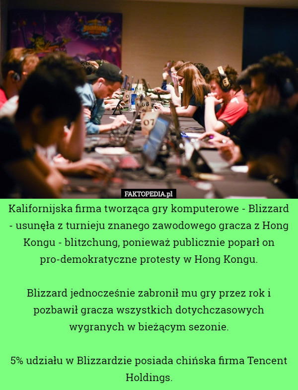 Kalifornijska firma tworząca gry komputerowe - Blizzard - usunęła z turnieju znanego zawodowego gracza z Hong Kongu - blitzchung, ponieważ publicznie poparł on pro-demokratyczne protesty w Hong Kongu.

Blizzard jednocześnie zabronił mu gry przez rok i pozbawił gracza wszystkich dotychczasowych wygranych w bieżącym sezonie.

5% udziału w Blizzardzie posiada chińska firma Tencent Holdings. 