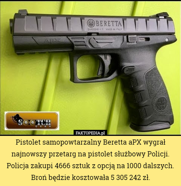 Pistolet samopowtarzalny Beretta aPX wygrał najnowszy przetarg na pistolet służbowy Policji. Policja zakupi 4666 sztuk z opcją na 1000 dalszych.
Broń będzie kosztowała 5 305 242 zł. 