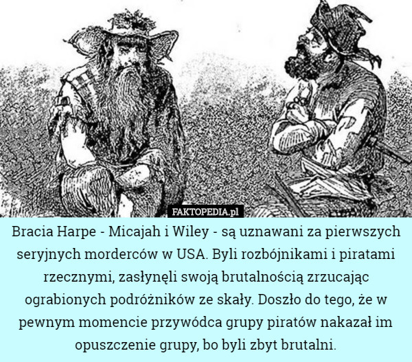 Bracia Harpe - Micajah i Wiley - są uznawani za pierwszych seryjnych morderców w USA. Byli rozbójnikami i piratami rzecznymi, zasłynęli swoją brutalnością zrzucając ograbionych podróżników ze skały. Doszło do tego, że w pewnym momencie przywódca grupy piratów nakazał im opuszczenie grupy, bo byli zbyt brutalni. 