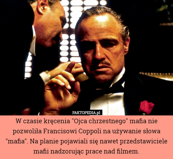W czasie kręcenia "Ojca chrzestnego" mafia nie pozwoliła Francisowi Coppoli na używanie słowa "mafia". Na planie pojawiali się nawet przedstawiciele mafii nadzorując prace nad filmem. 