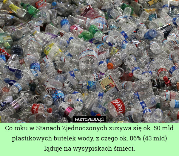 Co roku w Stanach Zjednoczonych zużywa się ok. 50 mld plastikowych butelek wody, z czego ok. 86% (43 mld) ląduje na wysypiskach śmieci. 