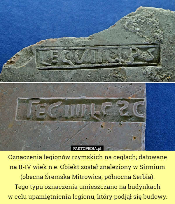 Oznaczenia legionów rzymskich na cegłach; datowane na II-IV wiek n.e. Obiekt został znaleziony w Sirmium (obecna Śremska Mitrowica, północna Serbia).
Tego typu oznaczenia umieszczano na budynkach
 w celu upamiętnienia legionu, który podjął się budowy. 