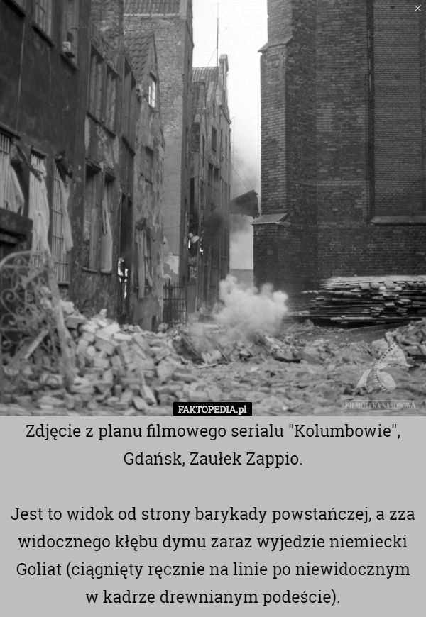 Zdjęcie z planu filmowego serialu "Kolumbowie", Gdańsk, Zaułek Zappio.

Jest to widok od strony barykady powstańczej, a zza widocznego kłębu dymu zaraz wyjedzie niemiecki Goliat (ciągnięty ręcznie na linie po niewidocznym w kadrze drewnianym podeście). 