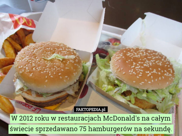 W 2012 roku w restauracjach McDonald's na całym świecie sprzedawano 75 hamburgerów na sekundę. 