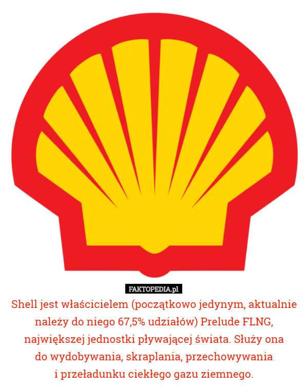 Shell jest właścicielem (początkowo jedynym, aktualnie należy do niego 67,5% udziałów) Prelude FLNG, największej jednostki pływającej świata. Służy ona
 do wydobywania, skraplania, przechowywania
 i przeładunku ciekłego gazu ziemnego. 