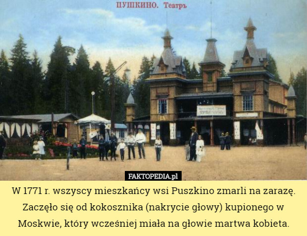 W 1771 r. wszyscy mieszkańcy wsi Puszkino zmarli na zarazę. Zaczęło się od kokosznika (nakrycie głowy) kupionego w Moskwie, który wcześniej miała na głowie martwa kobieta. 
