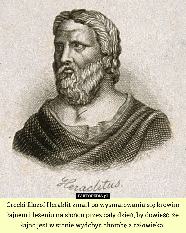 Grecki filozof Heraklit zmarł po wysmarowaniu się krowim łajnem i leżeniu na słońcu przez cały dzień, by dowieść, że łajno jest w stanie wydobyć chorobę z człowieka. 