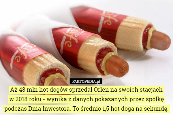 Aż 48 mln hot dogów sprzedał Orlen na swoich stacjach
 w 2018 roku - wynika z danych pokazanych przez spółkę podczas Dnia Inwestora. To średnio 1,5 hot doga na sekundę. 