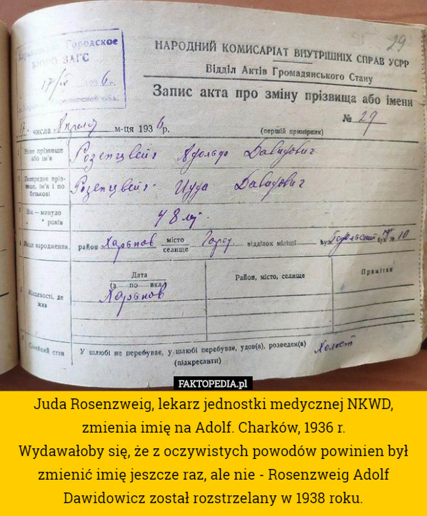 Juda Rosenzweig, lekarz jednostki medycznej NKWD, zmienia imię na Adolf. Charków, 1936 r.
Wydawałoby się, że z oczywistych powodów powinien był zmienić imię jeszcze raz, ale nie - Rosenzweig Adolf Dawidowicz został rozstrzelany w 1938 roku. 