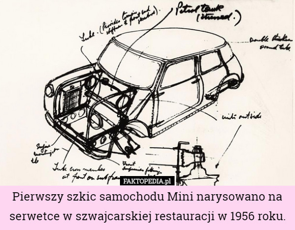 Pierwszy szkic samochodu Mini narysowano na serwetce w szwajcarskiej restauracji w 1956 roku. 