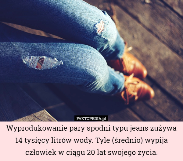 Wyprodukowanie pary spodni typu jeans zużywa 14 tysięcy litrów wody. Tyle (średnio) wypija człowiek w ciągu 20 lat swojego życia. 
