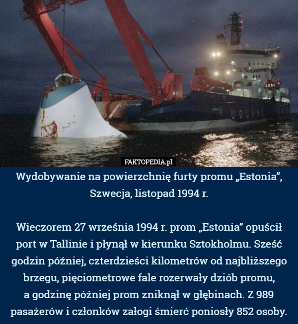 Wydobywanie na powierzchnię furty promu „Estonia”, Szwecja, listopad 1994 r.

Wieczorem 27 września 1994 r. prom „Estonia” opuścił port w Tallinie i płynął w kierunku Sztokholmu. Sześć godzin później, czterdzieści kilometrów od najbliższego brzegu, pięciometrowe fale rozerwały dziób promu,
 a godzinę później prom zniknął w głębinach. Z 989 pasażerów i członków załogi śmierć poniosły 852 osoby. 