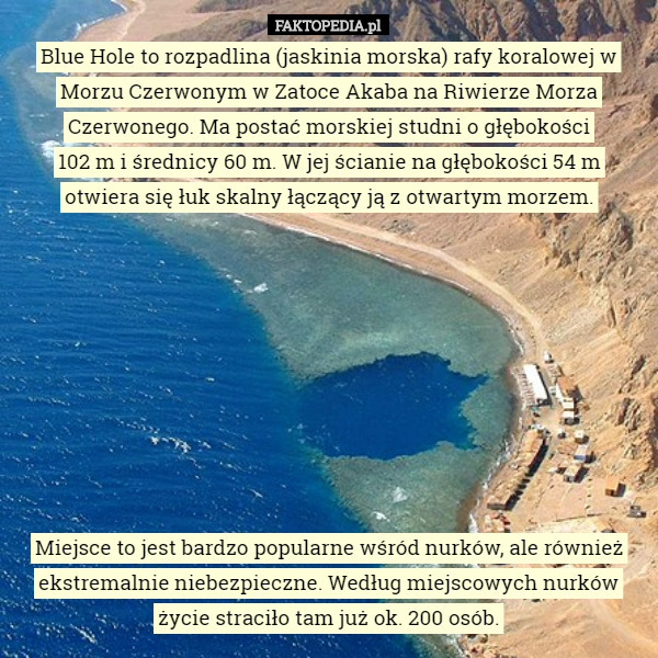 Blue Hole to rozpadlina (jaskinia morska) rafy koralowej w Morzu Czerwonym w Zatoce Akaba na Riwierze Morza Czerwonego. Ma postać morskiej studni o głębokości
 102 m i średnicy 60 m. W jej ścianie na głębokości 54 m
 otwiera się łuk skalny łączący ją z otwartym morzem.









Miejsce to jest bardzo popularne wśród nurków, ale również ekstremalnie niebezpieczne. Według miejscowych nurków życie straciło tam już ok. 200 osób. 