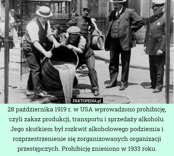 28 października 1919 r. w USA wprowadzono prohibicję, czyli zakaz produkcji, transportu i sprzedaży alkoholu. Jego skutkiem był rozkwit alkoholowego podziemia i rozprzestrzenienie się zorganizowanych organizacji przestępczych. Prohibicję zniesiono w 1933 roku. 