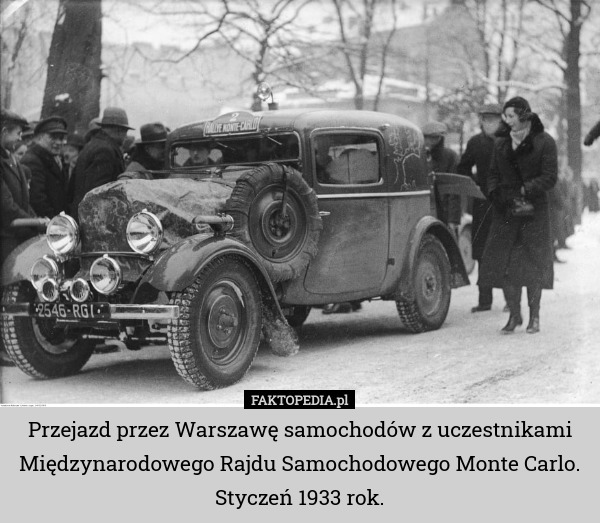 Przejazd przez Warszawę samochodów z uczestnikami Międzynarodowego Rajdu Samochodowego Monte Carlo.
Styczeń 1933 rok. 