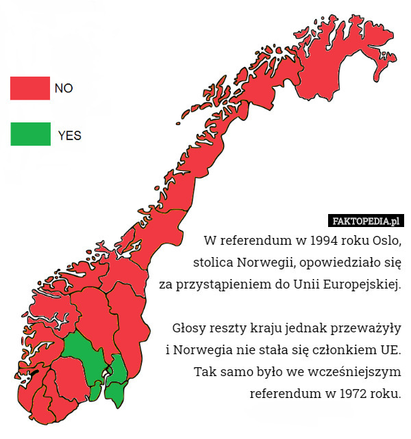 W referendum w 1994 roku Oslo,
 stolica Norwegii, opowiedziało się
 za przystąpieniem do Unii Europejskiej.

Głosy reszty kraju jednak przeważyły
 i Norwegia nie stała się członkiem UE.
 Tak samo było we wcześniejszym
 referendum w 1972 roku. 