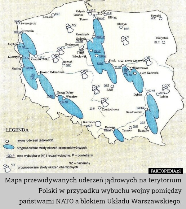 Mapa przewidywanych uderzeń jądrowych na terytorium Polski w przypadku wybuchu wojny pomiędzy państwami NATO a blokiem Układu Warszawskiego. 