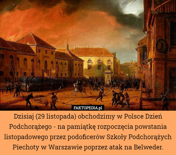 Dzisiaj (29 listopada) obchodzimy w Polsce Dzień Podchorążego - na pamiątkę rozpoczęcia powstania listopadowego przez podoficerów Szkoły Podchorążych Piechoty w Warszawie poprzez atak na Belweder. 