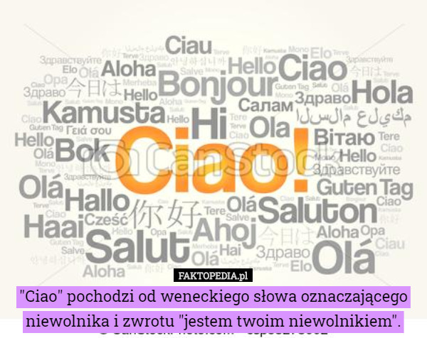 "Ciao" pochodzi od weneckiego słowa oznaczającego niewolnika i zwrotu "jestem twoim niewolnikiem". 