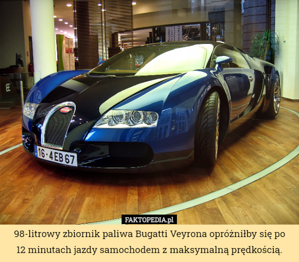 98-litrowy zbiornik paliwa Bugatti Veyrona opróżniłby się po
 12 minutach jazdy samochodem z maksymalną prędkością. 