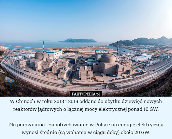 W Chinach w roku 2018 i 2019 oddano do użytku dziewięć nowych reaktorów jądrowych o łącznej mocy elektrycznej ponad 10 GW.

Dla porównania - zapotrzebowanie w Polsce na energię elektryczną wynosi średnio (są wahania w ciągu doby) około 20 GW. 