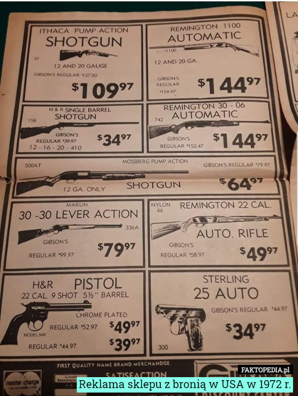 Reklama sklepu z bronią w USA w 1972 r. 