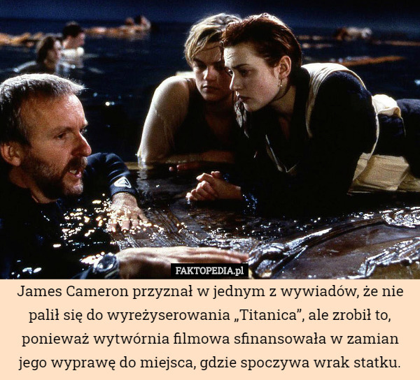 James Cameron przyznał w jednym z wywiadów, że nie palił się do wyreżyserowania „Titanica”, ale zrobił to, ponieważ wytwórnia filmowa sfinansowała w zamian jego wyprawę do miejsca, gdzie spoczywa wrak statku. 