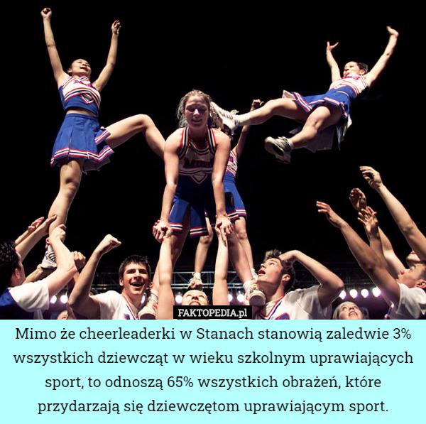 Mimo że cheerleaderki w Stanach stanowią zaledwie 3% wszystkich dziewcząt w wieku szkolnym uprawiających sport, to odnoszą 65% wszystkich obrażeń, które przydarzają się dziewczętom uprawiającym sport. 