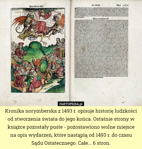 Kronika norymberska z 1493 r. opisuje historię ludzkości od stworzenia świata do jego końca. Ostatnie strony w książce pozostały puste - pozostawiono wolne miejsce
 na opis wydarzeń, które nastąpią od 1493 r. do czasu
 Sądu Ostatecznego. Całe... 6 stron. 