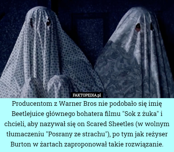 Producentom z Warner Bros nie podobało się imię Beetlejuice głównego bohatera filmu "Sok z żuka" i chcieli, aby nazywał się on Scared Sheetles (w wolnym tłumaczeniu "Posrany ze strachu"), po tym jak reżyser Burton w żartach zaproponował takie rozwiązanie. 